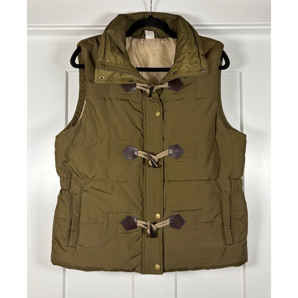 Jockey Person to Person Olive Green Quilted Puffer Vest Leather Toggle Jacket M